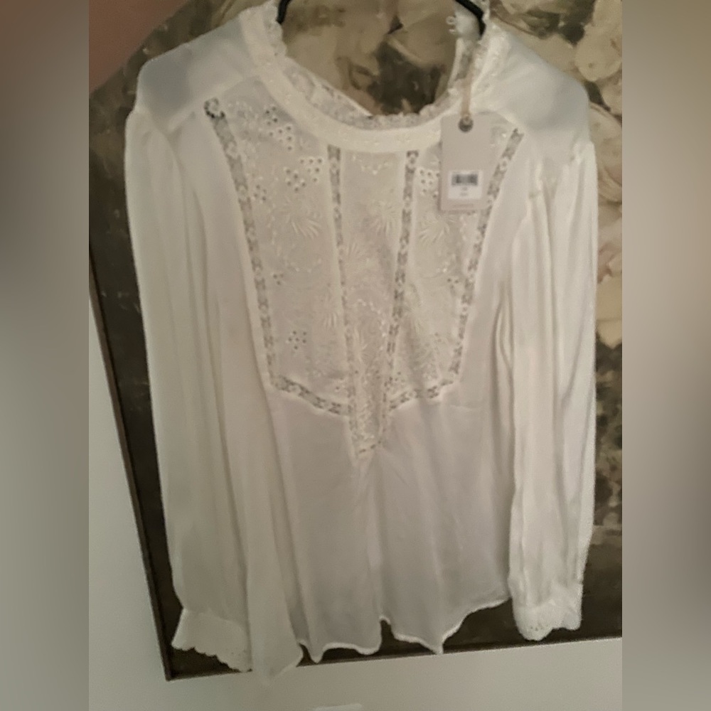 white embroidered faux silk longsleeve top. lucky brand NWT
